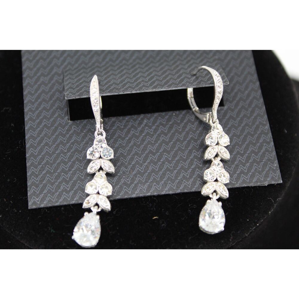 NADRI Crystal Drop Earrings Silver Tone Rhinestone Floral Dangle Bridal